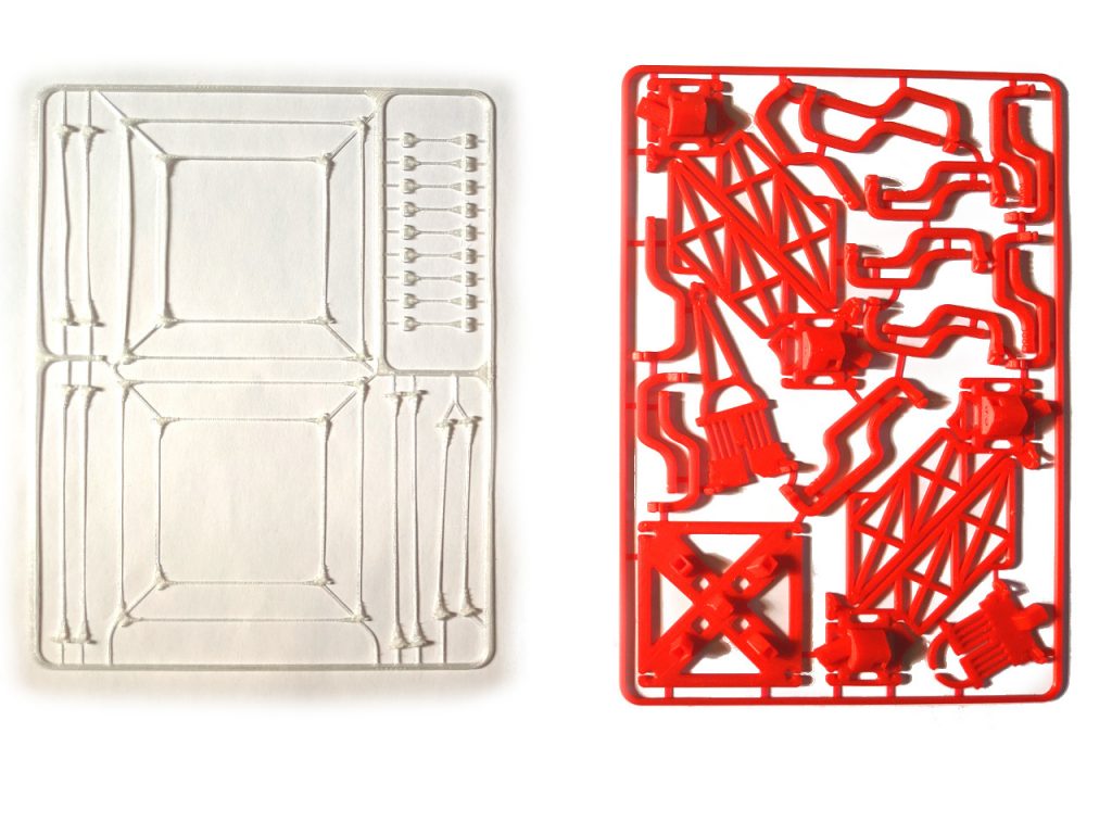 3D printed string (left) - 3D printed parts (right) Impossible Eiffel Tower tensegrity structure elements in gift card format