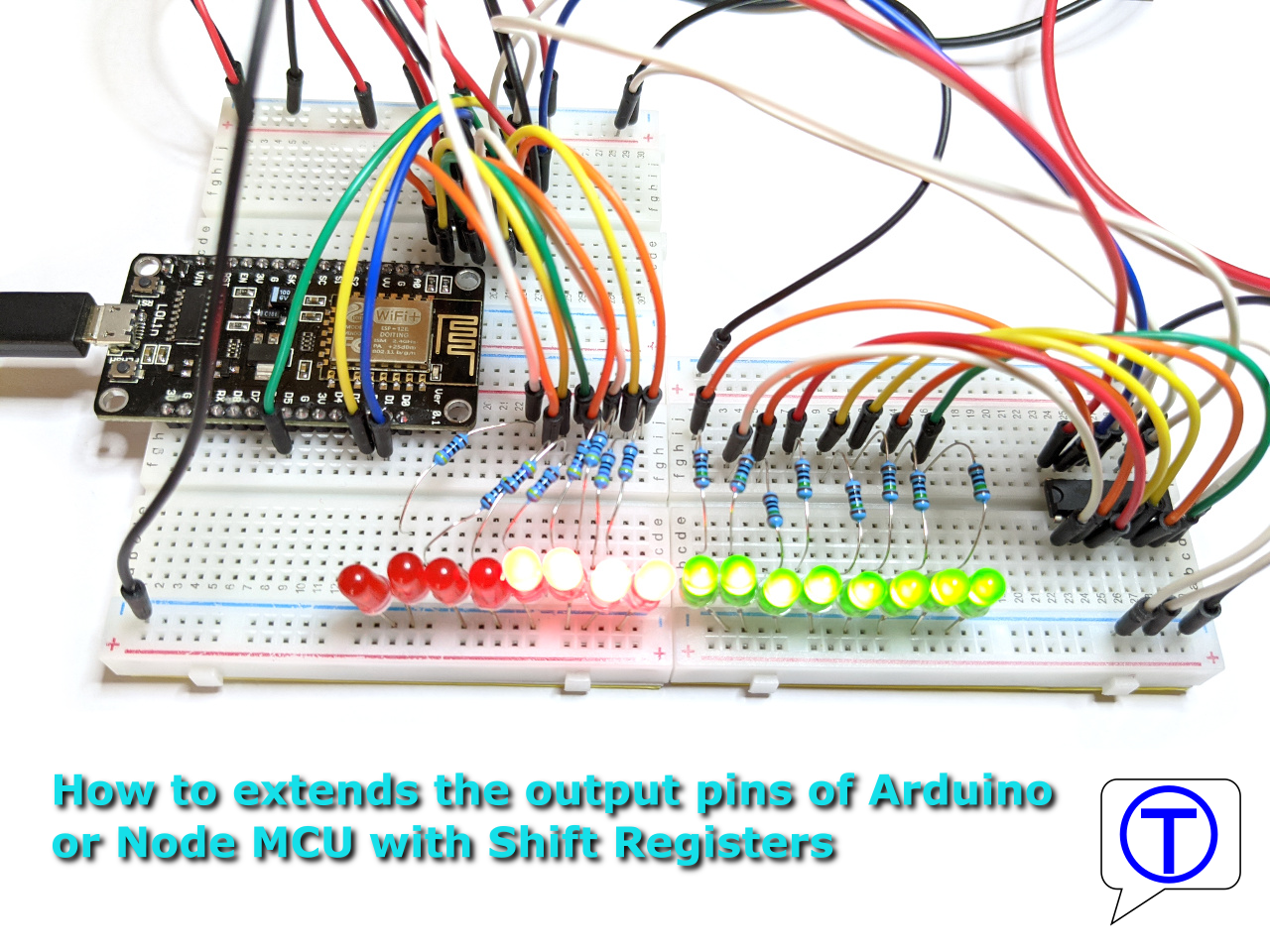 How to extend the number of digital pins of an Arduino or NodeMCU using shift registers